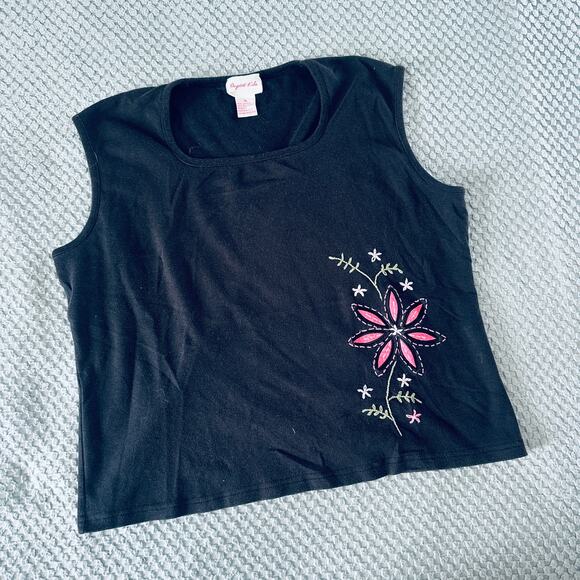 VINTAGE RETRO Y2K BLACK/PINK FLORAL BABYDOLL MINI TANK TOP XLE - Picture 1 of 5